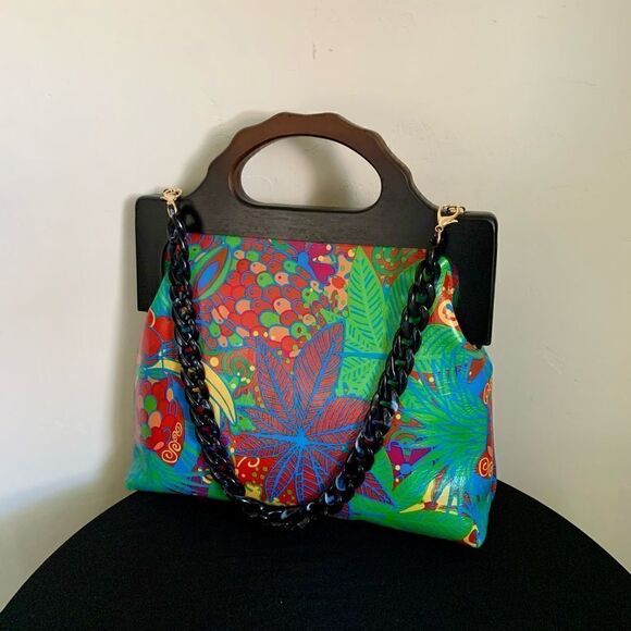 Genuine Leather Fruit Printed Gradient Color Wood Handle bag & 2 Chain Styles - Picture 5 of 16